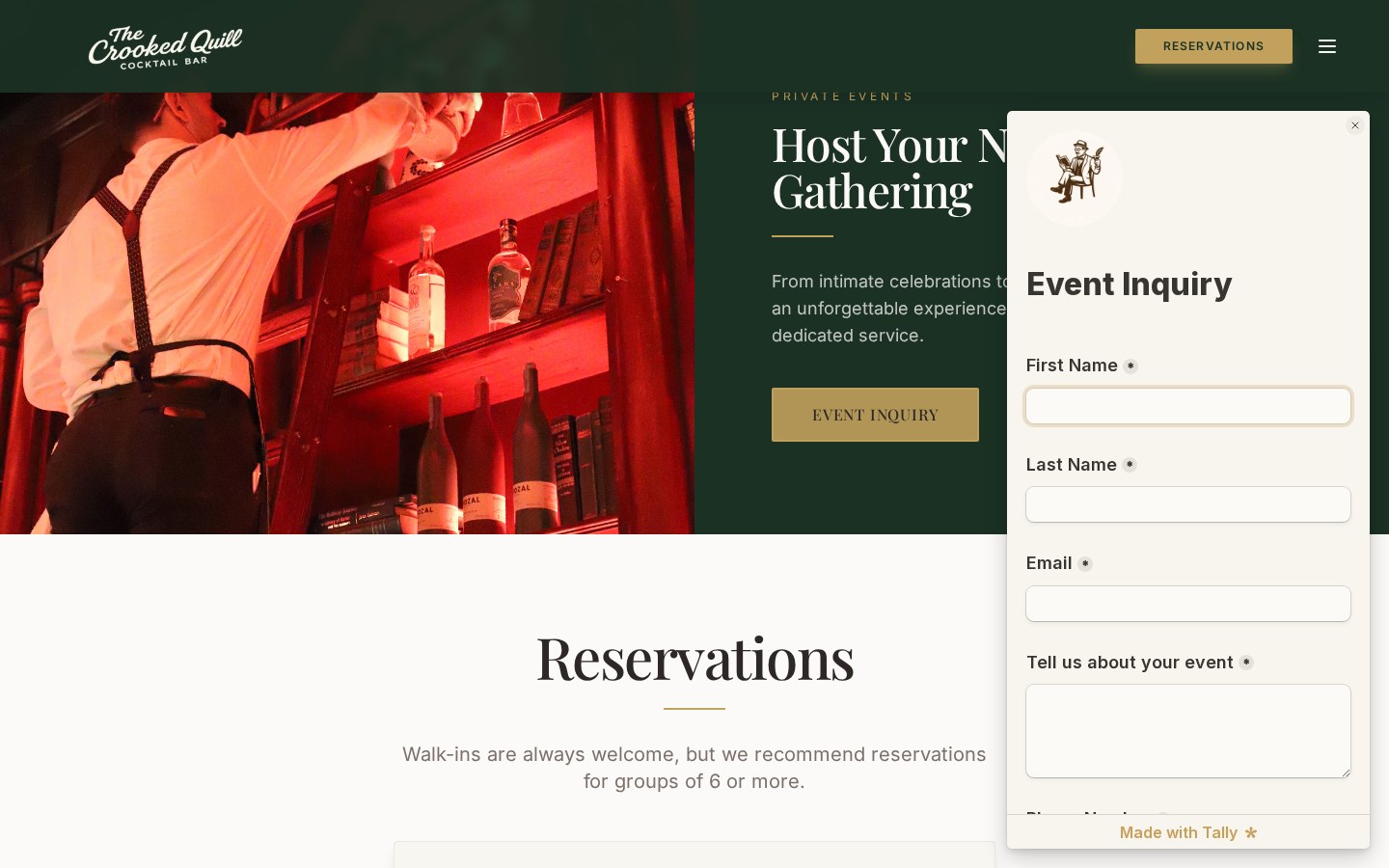 Private-event booking pop-up form