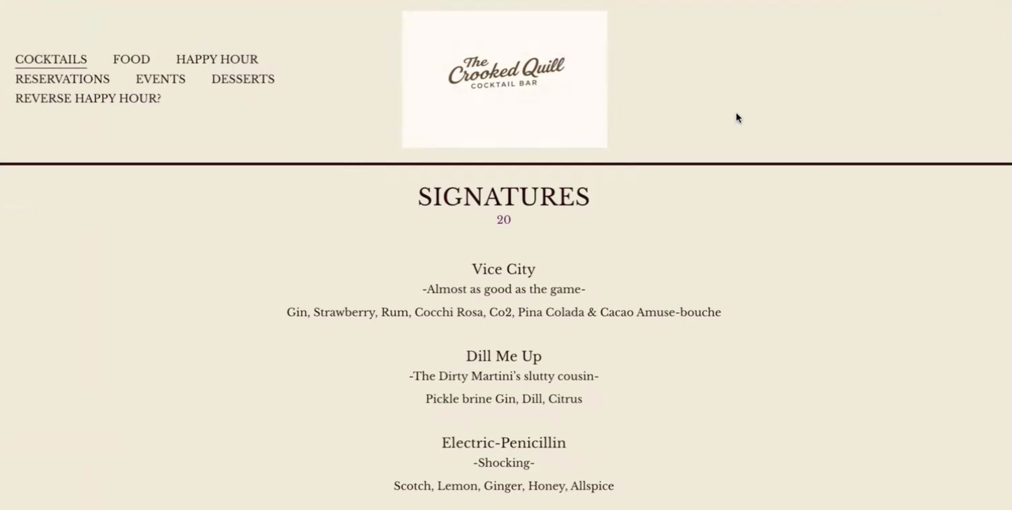 The Crooked Quill's old text-heavy menu website