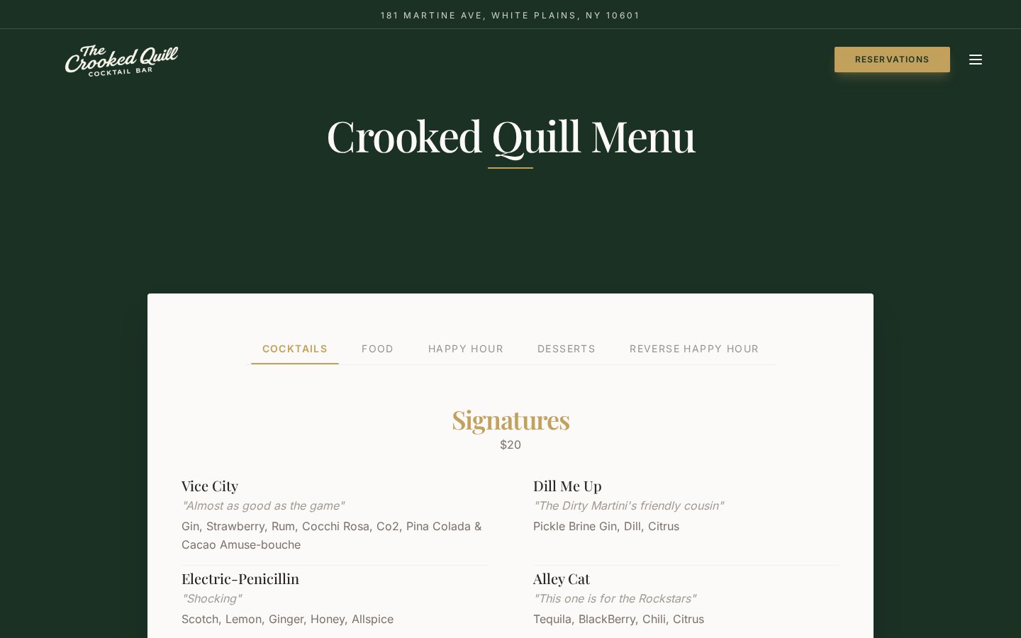 Tabbed menu — cocktails, food, happy hour