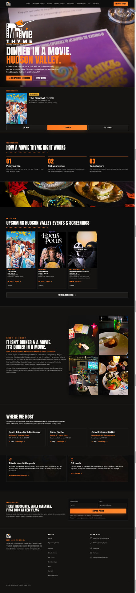 SparkTrail's full Movie Thyme homepage prototype with event sections, venue details, memberships, FAQ, and mailing list