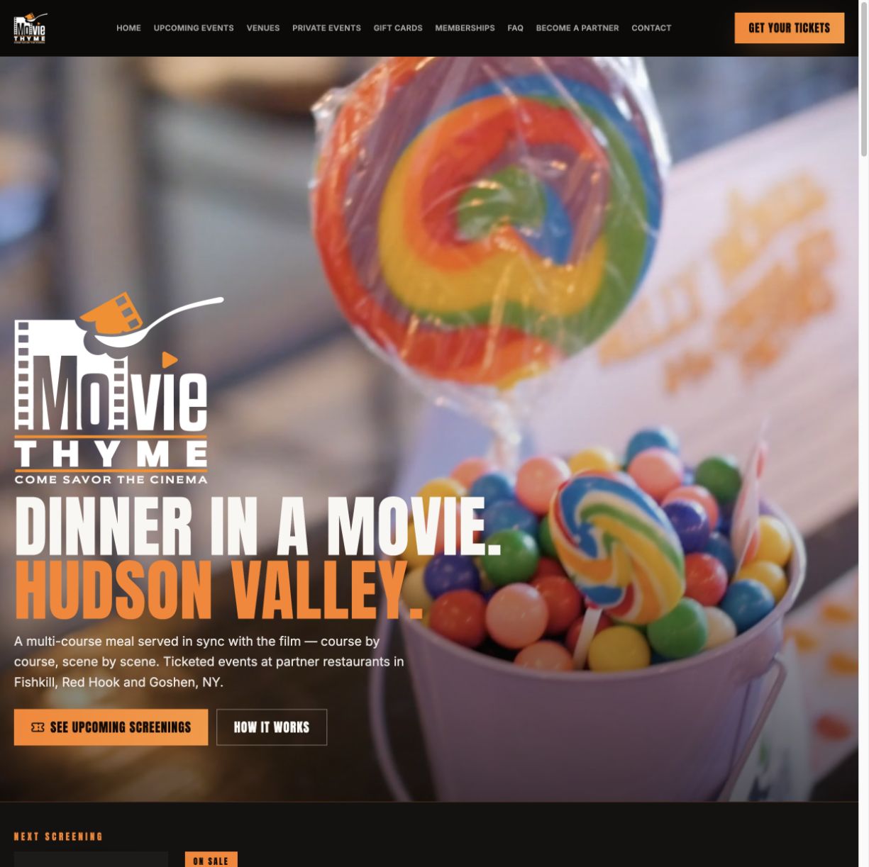 Movie Thyme website homepage showing the “Dinner in a Movie” hero and upcoming Hudson Valley screenings