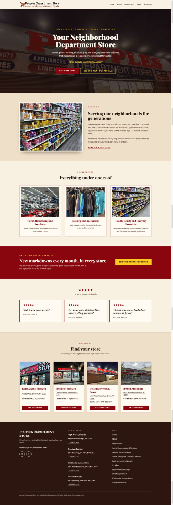 SparkTrail-built Peoples Department Store full-length homepage with departments, deals, and store information